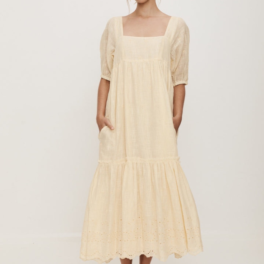 NEW sz XS 0-2 Saint Helena holly Maxi sun puff sleeve yellow dress Embroidery